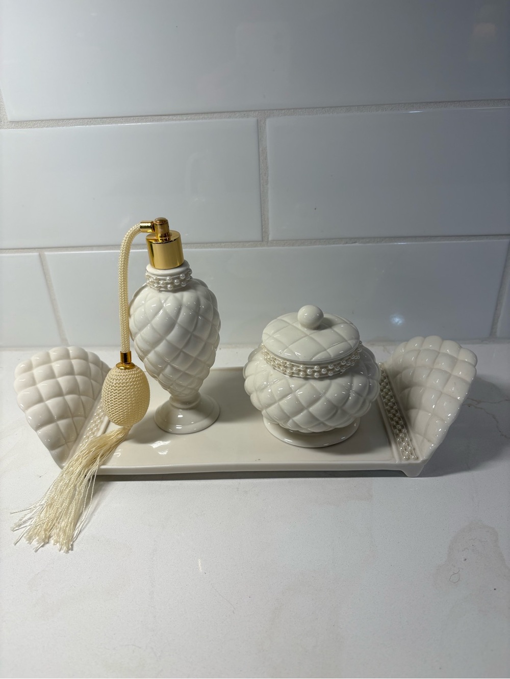 Vintage Avon White Porcelain And Faux Pearl vanity set